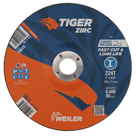 7" x 1/4 Grinding Wheel Tiger Zirc Type 27 (7/8 A.H.) Weiler 7" x 1/4 Grinding Wheel Tiger Zirc Type 27 (7/8 A.H.) Weiler