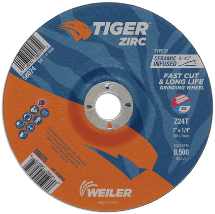 7" x 1/4 Grinding Wheel Tiger Zirc Type 27 (7/8 A.H.) Weiler