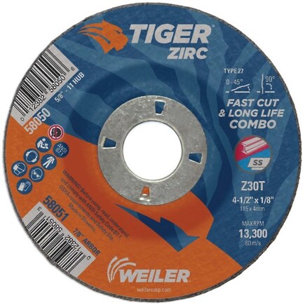 4-1/2" X 1/8 Cut-Grind Combo Wheel Tiger Zirc Type 27 Weiler