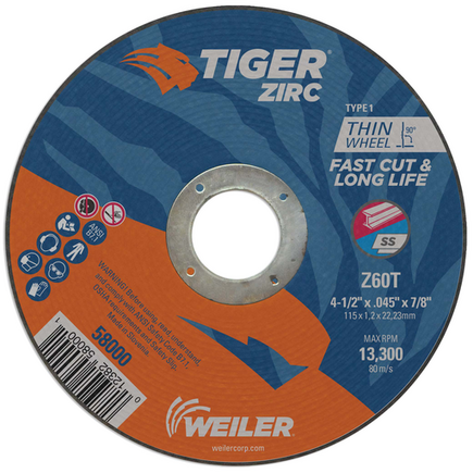 4-1/2" X .045 Cut Off Wheel Tiger Zirc Type 1 Weiler