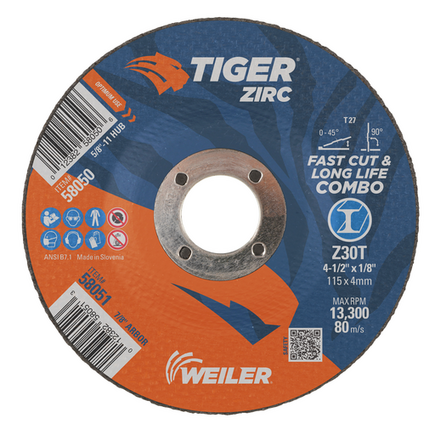4-1/2" X 1/8 Cut-Grind Combo Wheel Tiger Zirc Type 27 Weiler