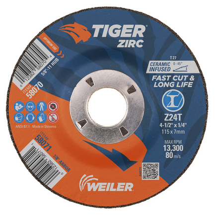 4-1/2" X 1/4 Grinding Wheel Tiger Zirc Type 27 Weiler