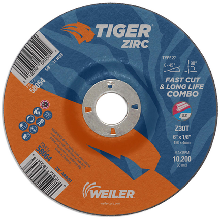 6" x 1/8 Cut-Grind Combo Wheel Tiger Zirc Type 27 Weiler