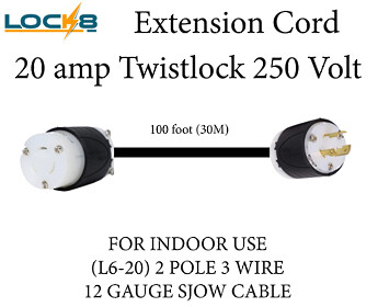 Extension Cord SJ 220 Volt 20 Amp Twistlock L6-20 x 100 foot (30.0m)