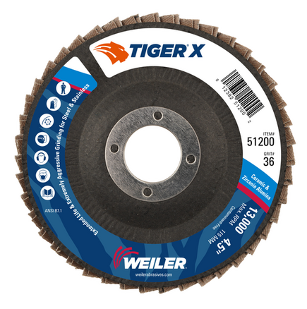 4-1/2" Flap Disc Tiger X 36 Grit Type 29 Weiler